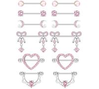 CASSIECA 6 Paia 14G Piercing Capezzolo Acciaio Chirurgico per Donna, Barre Anelli Capezzolo Luna Cuore Arco con Zircon Rosa Piercings a Barretta 16-18mm