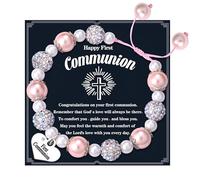 CASSIECA Regali Prima Comunione per Bambina: Bracciale con Perline a Forma di Cuore Croce, Rosa e Bianco, 13,5cm-22cm, Perla, Aragosta, Cuore-perla rosa