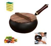 Cast Iron Skillet, Uncoating Cast Iron Pot, Multi-purpose Frying Wok, Hand-Forged Non-stick Pans Without Coating, High Purity Frying Pans For Cooking (9.45in-Wooden lid)