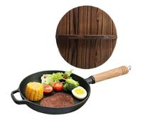 Cast Iron Skillet - Wooden Handle Pan with Lid for Cooking & Camping