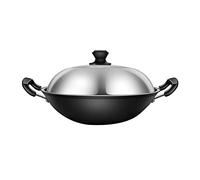 Cast Iron Wok, Pot Made of Raw Iron, Binaural, Old Fashioned Pan Wok Household, Large Frying Pan, with Lid 38 Cm