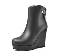 Castamere Donna Alto High Zeppa Piattaforma Tacco Heel Rotonda Punta Stivaletti Cerniera Catena Metallo Slip-on Dress 10 CM Heels Nero 38 EU