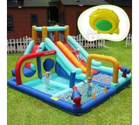 Castello gonfiabile con doppio scivolo - Castello gonfiabile per bambini con parete da arrampicata, pistola ad acqua, fontana, palo da boxe, lancio ad anello, tessuto Oxford, per 3-8 anni, 4 bambini