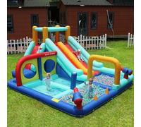 Castello gonfiabile con doppio scivolo d'acqua e trampolino, parco acquatico 7 in 1, piscina per bambini, parete da arrampicata, pistole ad acqua, EN71, 365 x 450 x 217 cm, ventilatore da 450 W, per