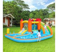 Castello Gonfiabile Multifunzionale da Esterno con soffiatore, Scivolo Acquatico + Trampolino + Canestro da basket+ Pistola Acqua, 2 aree Piscine, Scivolo Grande e Piccolo, Parco Acquatico per Bambini