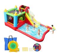 Castello gonfiabile per bambini,Con Scivolo,Castello d’Acqua Set, Trampolino, Piscina e Canestro da Basket, ottimo regalo per la festa in giardino nel parco acquatico, con ventilatore