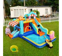 Castello gonfiabile per bambini con ventilatore, parco acquatico multifunzionale all'aperto con trampolino, scivolo d'acqua, piccolo scivolo, fontana, pistole ad acqua, con ventilatore da 450 W, blu