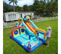 Castello gonfiabile per bambini con ventilatore, XXL parco acquatico con doppio scivolo, parete per arrampicata, pistola ad acqua e piscina, gonfiabile, per esterni, 3-8 anni