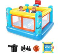 Castello gonfiabile per bambini da 3 a 6 anni, per interni ed esterni, in PVC resistente agli strappi, con piscina di palline rimovibile, cestino da basket e ventilatore (castello 3 in 1)
