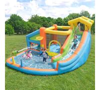 Castello gonfiabile per bambini parco acquatico con soffiatore, scivolo, piscinetta e canestro da basket, castello gonfiabile con giochi d'acqua e cucina giocattolo, tessuto Oxford, attrezzatura da