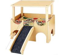 Castello in legno per piccoli animali domestici, design a due piani e scale per porcellini d'India e criceti, materiale in legno naturale con grotta ventilata e tappetino antiscivolo, grigio (stile a