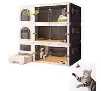 Castello per Gatti A Tre Piani con Finestre Trasparenti Cucce per Gatti da Interno con Lettiera Villa per Gatti Fai da te Design dello Spazio Multi-Livello,Grey-106 * 46 * 106
