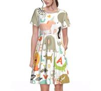 Casua - Abito da donna elegante con stampa dell'alfabeto zoo, girocollo, a maniche corte, per l'estate, l'ufficio, la spiaggia, Nero, XL