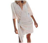 Casual Abiti Estivi Donne Abiti Estivi Boho Abito Da Spiaggia Donna Manica Corta Mezza Lunga Increspata Camicetta Elegante Solido Sexy Midi Abiti, Beige #1, M