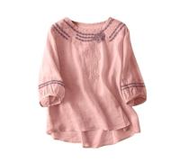 , casual, cinque polsini, cotone, lino, scollo a V, ricamo estivo, maglietta larga top 1 Camicette estive per le donne, Colore: rosa., 3XL