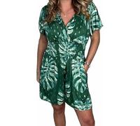 Casual Floral Polka Dot Pocket Rompers, Jumpsuits Beach Clothes Elastic Waist Wide Leg Casual V Neck Short Romper 2025 (Green,XL)