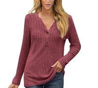 Casual /Inverno, tinta unita, scollo a V, bottone, largo, maniche lunghe, a righe, t-shirt top rocky abbigliamento donna, Colore: rosso, XL