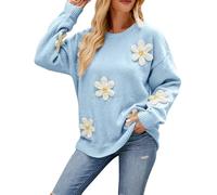 Casual Manica Lunga Maglia Maglione Allentato Donne Girocollo Fiore Stereo Crochet Maglione Ottenuto Felpa, Blu, L