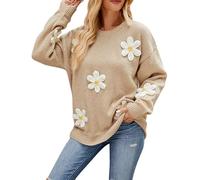 Casual Manica Lunga Maglia Maglione Allentato Donne Girocollo Fiore Stereo Crochet Maglione Ottenuto Felpa, cachi, XL