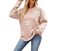 Casual Manica Lunga Maglia Maglione Allentato Donne Girocollo Fiore Stereo Crochet Maglione Ottenuto Felpa, Rosso, XL