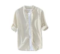 Casual Maniche Lunghe di Lino Camicie per Uomo Senza Collo Camicie Beach Cachi L