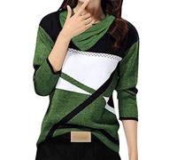 Casual O-Collo Geometrico Blocchi di colore Contrasto Scollo a V Manica Lunga Maglietta Bracciale Donna Argento 925, verde, M