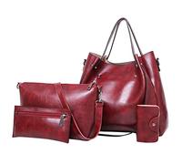 Casual Reto Fashion - Borsa a mano da donna, in pelle, set da 4 pezzi, borsa a tracolla, borsa a tracolla, borsa da doccia, trasparente, con tasche, Colore: rosso, taglia unica