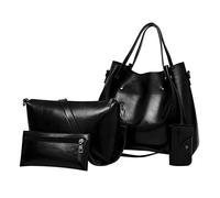 Casual Reto Fashion - Borsa a mano da donna, in pelle, set da 4 pezzi, borsa a tracolla, borsa a tracolla, borsa da doccia, trasparente, con tasche, Nero , taglia unica