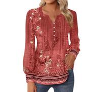 Casual Top Per Le Donne 2024 Scollo A V Button-Down T-Shirt Pieghettato Puff Manica Lunga Tunica Camicette Intimo Camicia Donna Manica Lunga, Colore: rosso, L