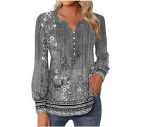 Casual Top Per Le Donne 2024 Scollo A V Button-Down T-Shirt Pieghettato Puff Manica Lunga Tunica Camicette Intimo Camicia Donna Manica Lunga, grigio., L