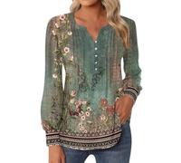 Casual Top Per Le Donne 2024 Scollo A V Button-Down T-Shirt Pieghettato Puff Manica Lunga Tunica Camicette Intimo Camicia Donna Manica Lunga, verde, XL