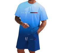 Casual Tuta da uomo comoda, girocollo con coulisse, per il tempo libero, streetwear, grafica, scritta in due pezzi, maniche corte, maglietta e pantaloncini oversize, per tutti i giorni, Stile-U02 Blu