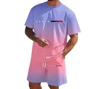 Casual Tuta da uomo comoda, girocollo con coulisse, per il tempo libero, streetwear, grafica, scritta in due pezzi, maniche corte, maglietta e pantaloncini oversize, per tutti i giorni, Stile-u07