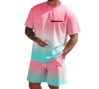 Casual Tuta da uomo comoda, girocollo con coulisse, per il tempo libero, streetwear, grafica, scritta in due pezzi, maniche corte, maglietta e pantaloncini oversize, per tutti i giorni, Stile-U06 Rosa