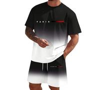 Casual Tuta da uomo comoda, girocollo con coulisse, per il tempo libero, streetwear, grafica, scritta in due pezzi, maniche corte, maglietta e pantaloncini oversize, per tutti i giorni, Stile-u01 Nero