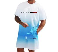 Casual Tuta da uomo comoda, girocollo con coulisse, per il tempo libero, streetwear, grafica, scritta in due pezzi, maniche corte, maglietta e pantaloncini oversize, per tutti i giorni, Stile-u09