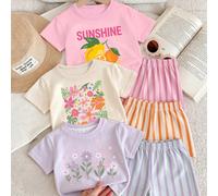 (Casuale 3 pezzi, invio 1 pezzo) Maglietta corta basic da ragazza con design casual alla moda, cartone animato, limone giallo, fiori colorati, motivo con slogan e lettere rosa 6Y,7Y,4Y,5YA strisce,Pia