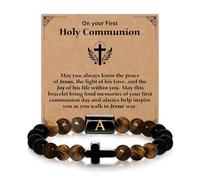 Casxyue Braccialetti con croce e iniziale, regalo per la prima comunione, per figlio, nipote, cresima, regalo cristiano, 18 cm, Pietra, Nessuna pietra preziosa