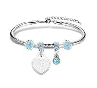 Casxyue Braccialetti da donna con ciondolo a forma di iniziale, in argento, con lettere dalla A alla Z, ciondolo a forma di cuore, gioielli per compleanni, regali di Natale per donne e ragazze, 2cm