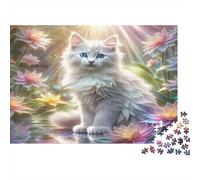 Cat 1000 Pieces for Adults White Fluffy Cat on Flowers Fun And Challenging Family Game Great Gift 70x50cm 1000pcs