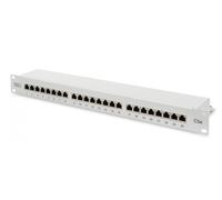 CAT 5e, Class D patch panel, shielded, 24-port RJ45, 8P8C, LSA, 1U, rack mount, grey, 482x44x109