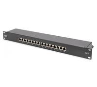 CAT 6, Class E patch panel, shielded, 16-port RJ45, 8P8C, LSA, 1U, rack mount, black, 482x44x109