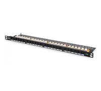 CAT 6 Patch Panel, unshielded,24-port RJ45 w. shutter, 8P8C, LSA, 0.5U, 19" rack mount, black