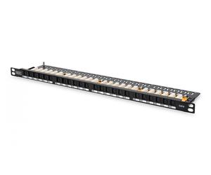 CAT 6 Patch Panel, unshielded,24-port RJ45 w. shutter, 8P8C, LSA, 0.5U, 19" rack mount, black