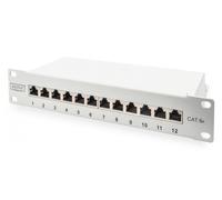 CAT 6A Patch Panel, shielded, 12-Port label field, 1U, 10" rack mount, grey RAL 7035