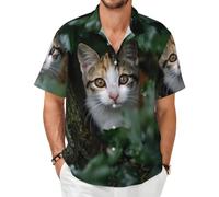 Cat Behind the Tree Camicia a maniche corte - Top estivo casual con bottoni, Nero, 4X-Large-8X-Large