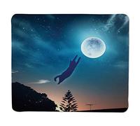 Cat, Cat Jumping in The Air Catching La luna al cielo notturno con stelle Fantasy opere d'arte, blu magenta, cucita bordo