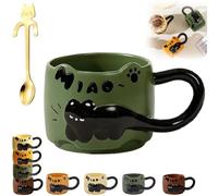 Cat Cat Stacked Cup, Cute Stackable Coffee Mugs, with Funny Cartoon Cats Designs, 4 Styles Cute Ceramic Feline Coffee Mugs with Spoon, Gifts for Catlovers Women (Green)
