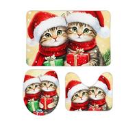 Cat Christmas Cute Two Tabby Cat Copriwater Set 3 Pezzi, Tappeto Con Profilo A U Lavabile Zerbino Per Toeletta Doccia