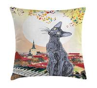 Cat, City Skyline with Moonlight Kitty Singing On Roof Music Notes And Piano in The Night Federa per Cuscino Lavabile Cuscino Copricuscini Personalizzato Federe Copricuscino per Letto 45X45Cm